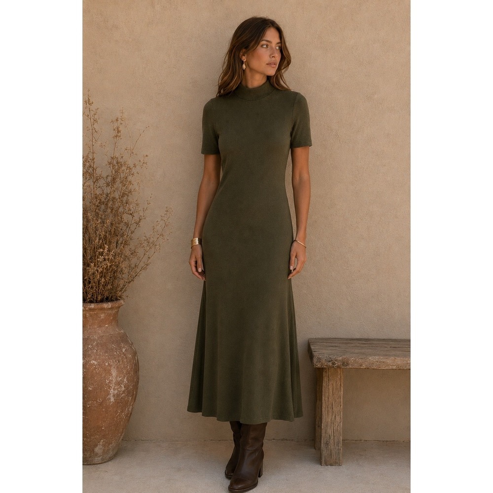 Marine Layer Ribbed Lexi Midi Dress Womens M Green Mock Neck Short Sleeve Casual